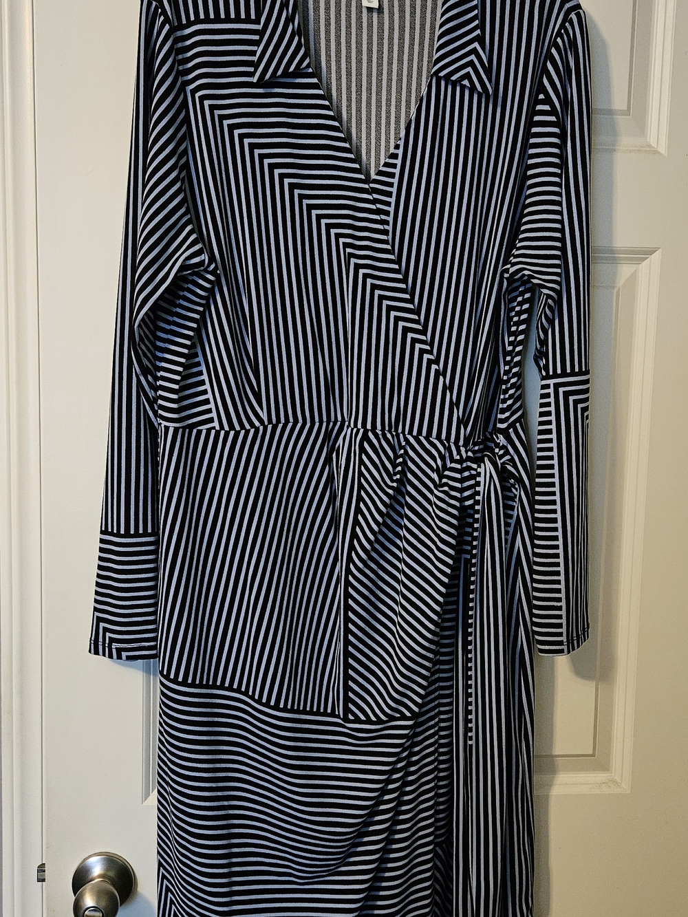 Striped Wrap-Style Long Sleeve Dress - Light Blue & Navy